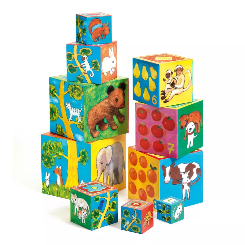 A stack of Djeco My Friends Stacking Blocks with animals on them.