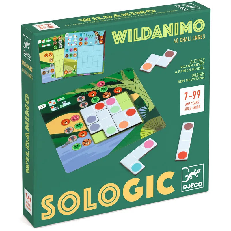 The image displays the box for the "Djeco Sologic Wildanimo" board game. This game showcases vibrant tokens and board illustrations and is designed for players aged 7 to 99. It contains 40 challenge cards with varying levels of difficulty, crafted by designers Yoann Levet, Fabien Gridel, and Ben Newman.