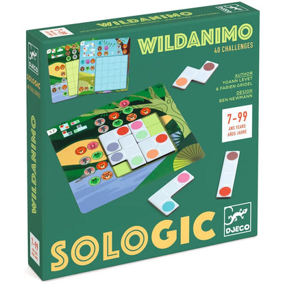 The image displays the box for the "Djeco Sologic Wildanimo" board game. This game showcases vibrant tokens and board illustrations and is designed for players aged 7 to 99. It contains 40 challenge cards with varying levels of difficulty, crafted by designers Yoann Levet, Fabien Gridel, and Ben Newman.