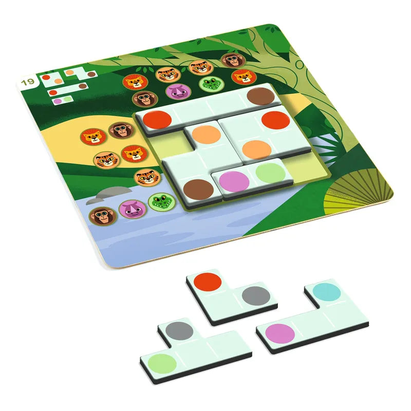 The Djeco Sologic Wildanimo is a vibrant Sudoku-inspired board game that includes animal-themed tokens and a grid highlighted with variously colored circular markers. Alongside the board, three puzzle pieces featuring differently colored circles and challenge cards are displayed on a white surface, providing puzzles of varying difficulty levels.