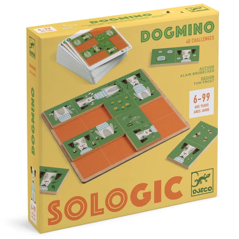 The packaging of the "Djeco Sologic Dogmino" puzzle game pops against a bright yellow backdrop, displaying the product name along with details about the designer and author. It highlights wooden domino tiles, making it ideal for ages 6 to 99. Immerse yourself in engaging logic puzzles with dogs in this delightful board game adventure.