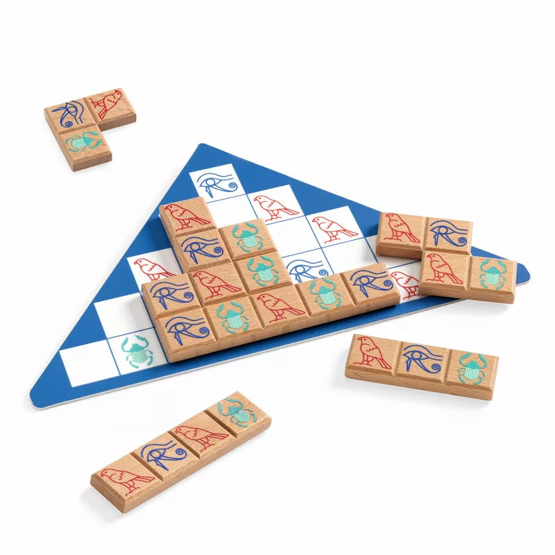 A set of Djeco So logic Pyramid Logic on a wooden board, perfect for playing the logic game.