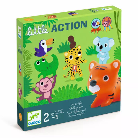 A Djeco Toddler Game Little Action puzzle box with different animals on it.
