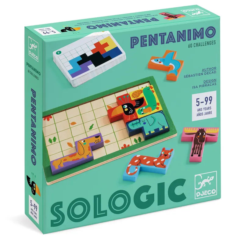 The image showcases a box of the "Djeco Sologic Pentanimo" animal puzzle game, featuring vibrant animal-shaped pieces arranged on a grid. Ideal for ages 5 to 99, this game by Sébastien Decad with designs by Isa Piracas provides multi-level challenges that help improve your deduction skills.