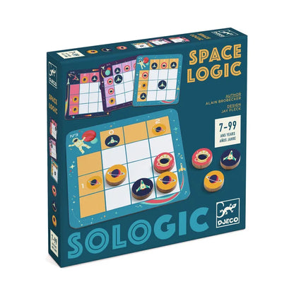 The "Djeco Sologic Space Logic," suitable for ages 7 to 99, includes a space-themed grid decorated with rockets and planets. This logic game, akin to Sudoku, offers captivating challenge cards designed to enhance your strategic thinking skills.