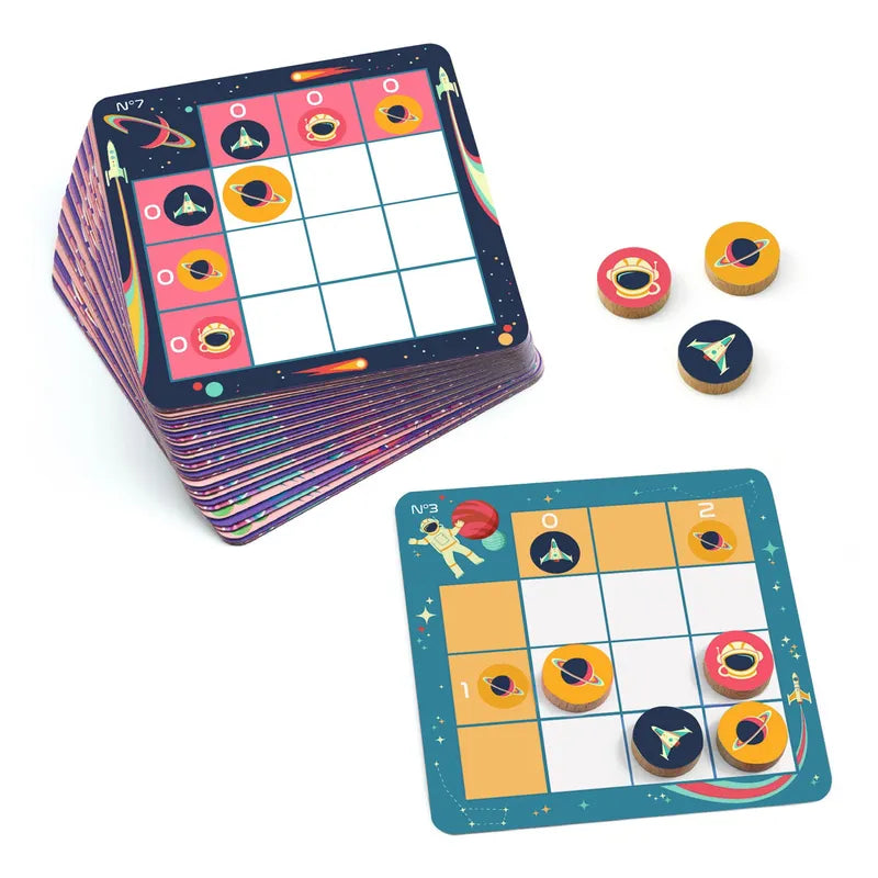 A stack of vibrant Djeco Sologic Space Logic game boards, each featuring grids reminiscent of a cosmic Sudoku with illustrations of astronauts and rockets. Nearby, challenge cards and round tokens adorned with similar space designs enhance the playful, cosmic adventure feel of this engaging logic game.