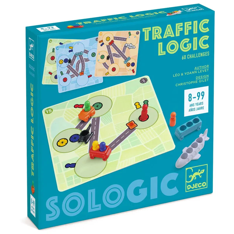 The Djeco Sologic Traffic Logic box showcases a puzzle map complete with cars and pegs, offering 60 exciting challenge cards designed for ages 8 to 99. Its vibrant colors and playful design suggest an engaging logic game that becomes progressively challenging, sure to captivate players' attention.