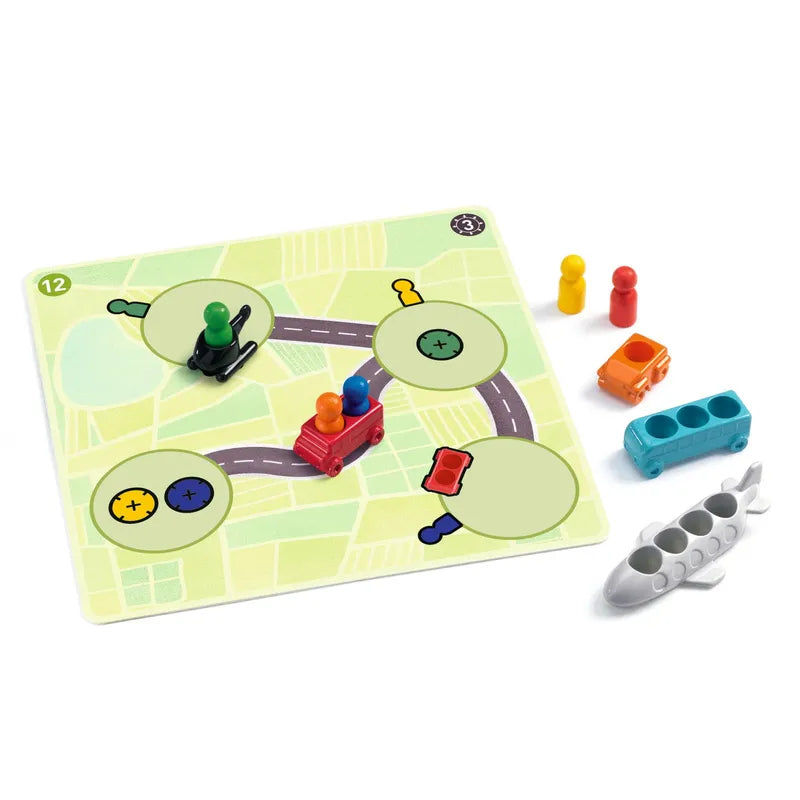 The Djeco Sologic Traffic Logic game features a vibrant board design showcasing a network of roadways, three circular zones connected by pathways, and includes three playing pieces in red, yellow, and green. Challenge cards introduce varying levels of difficulty. The setup also includes a white plastic airplane shape alongside red and blue vehicles.