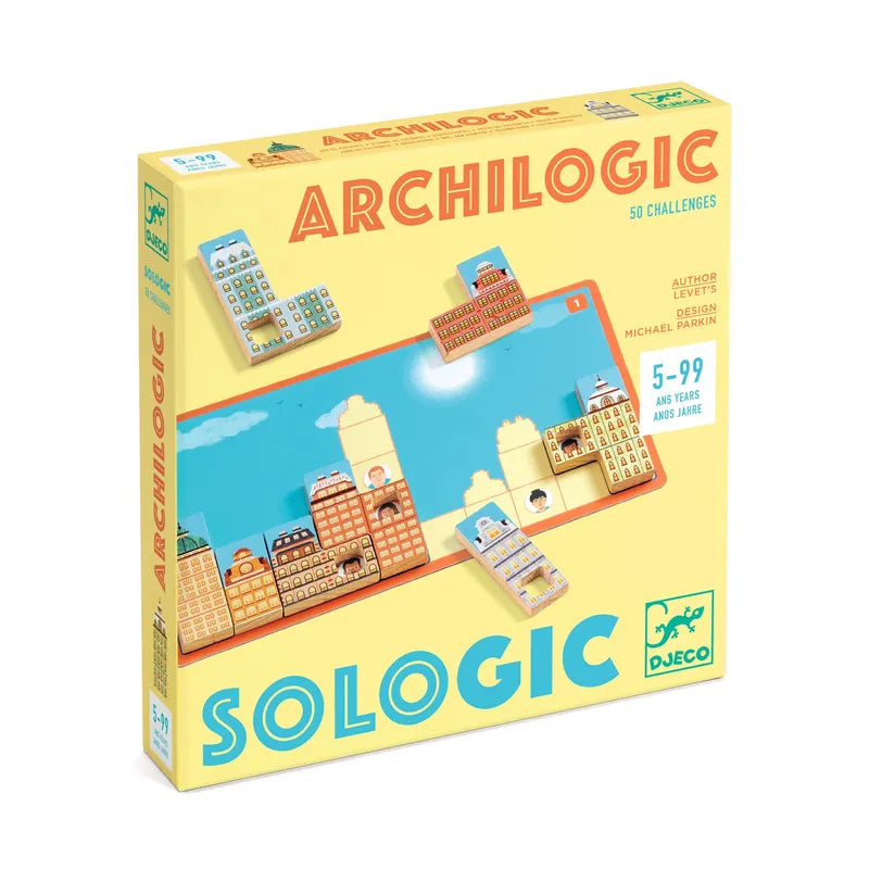 A vibrant box of the Djeco Sologic Archilogic board game, showcasing cartoon illustrations of city buildings on its cover. Designed for ages 5 to 99, it provides 50 challenges with varying levels of difficulty.