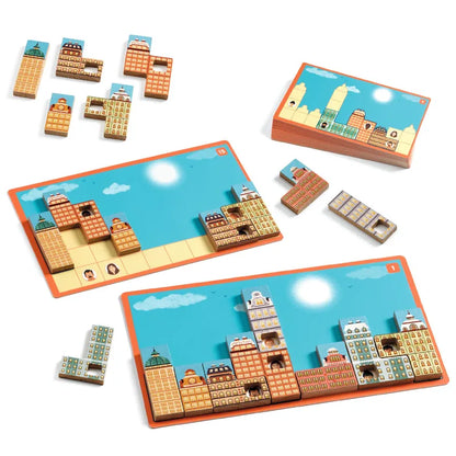 The Djeco Sologic Archilogic is a vibrant puzzle game that invites players to construct intricate cityscapes using various pieces on rectangular boards. Each building piece mimics structures complete with windows and rooftops, while the boards themselves feature a bright blue sky embellished with clouds and a sun. The game provides escalating difficulty levels for an engaging experience.