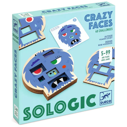 The image showcases the "Djeco Sologic Crazy Faces" puzzle game. The turquoise box displays a blue monster face with cutouts for eyes, nose, and mouth, providing 40 challenges that gradually increase in difficulty suitable for ages 5 to 99. Designed by Yoann Levet and Rob Hodgson, this game is ideal for enhancing observation and deduction skills.