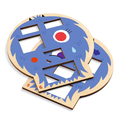 The Djeco Sologic Crazy Faces set includes two pocket-sized wooden puzzle pieces featuring a blue monster design with a red eye, teardrop, and various geometric cutouts. Numbered "5" and "6," these puzzles offer an excellent way to enhance observation and deduction skills with progressively challenging difficulty levels.