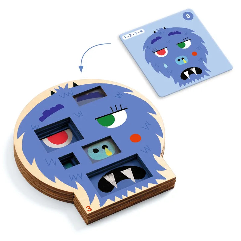 Introducing the Djeco Sologic Crazy Faces! This pocket-sized game is a multi-layered puzzle that features a blue cartoon monster with an array of different facial expressions. Alongside the monster, you'll find a matching card showcasing the same character along with the number 5. This game is ideal for honing observation and deduction skills as you work through progressively challenging levels.