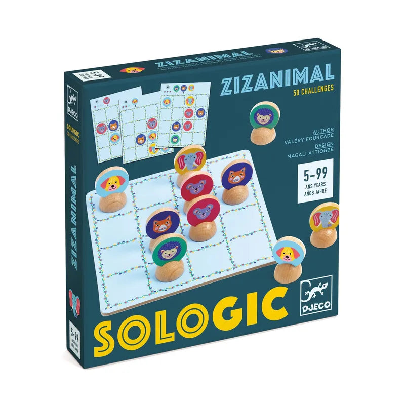 Introducing "Djeco Sologic Zizanimal," a captivating logic game designed for ages 5 to 99. Featuring 50 challenges, this strategic thinking game is adorned with vibrant animal tokens against a grid backdrop, inviting you to sharpen your skills.