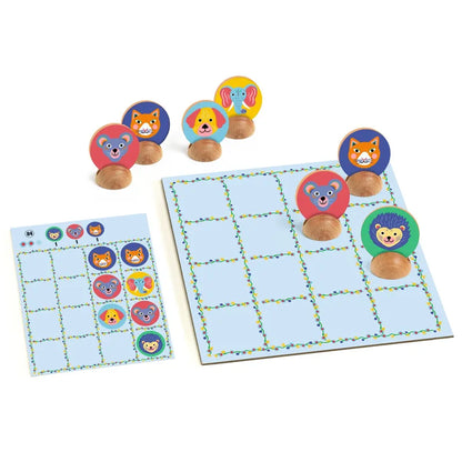 The Djeco Sologic Zizanimal is a children's board game that features animal tokens on a grid. It offers 50 challenges and includes playful illustrations of animals like a fox, bear, elephant, dog, hedgehog, and monkey. The game board and cards are designed with vibrant colors to stimulate young minds and encourage logical thinking.