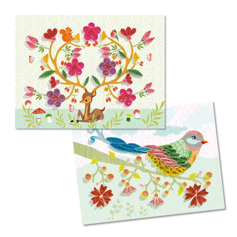 Two Djeco Paper Workshop Spiral Seasons cards with a bird and a deer on them.