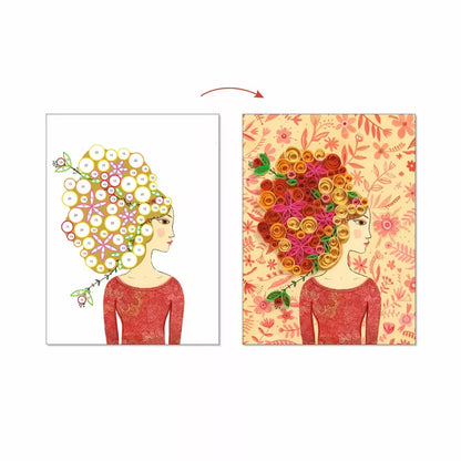 A drawing of a woman with flowers in her hair made using Djeco Quilling Petticoat Scrolls by Djeco.