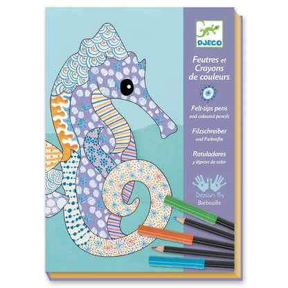 A Djeco Motif Art coloring book with a sea horse on it.