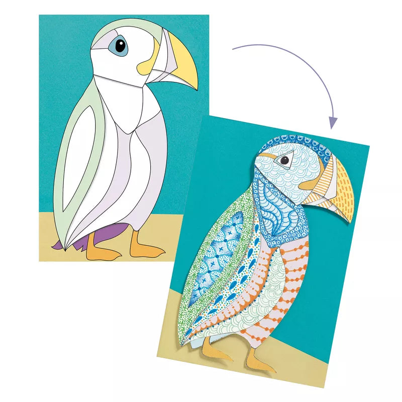 A picture of a bird and a picture of a bird using Djeco Motif Art by Djeco.