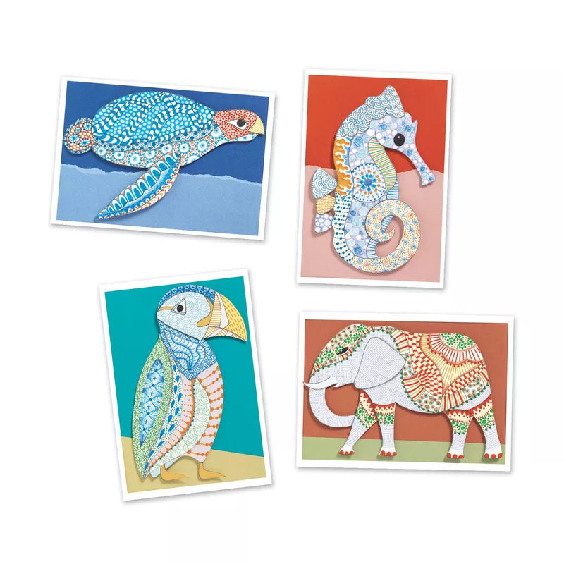 Four Djeco Motif Art cards with different designs of animals on them.