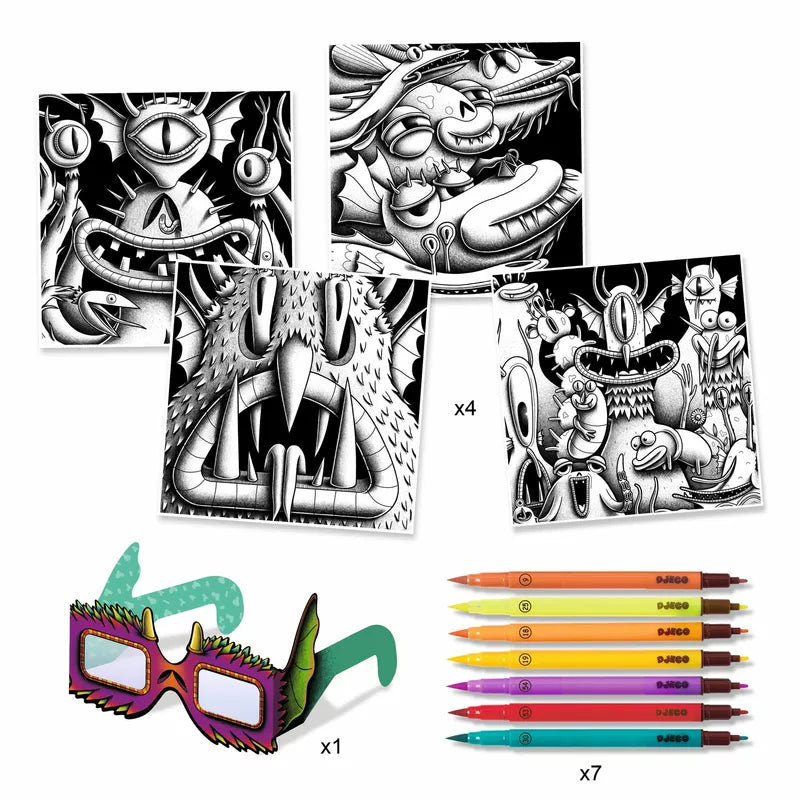 A set of Djeco 3D Colouring Funny Freaks pages with a pair of glasses by Djeco.