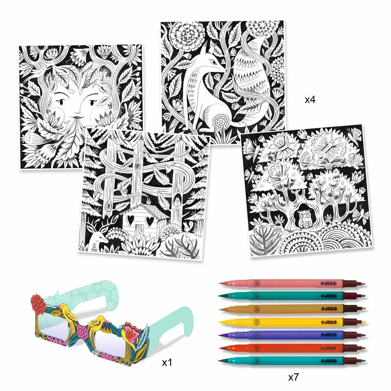 A group of Djeco coloring books with Djeco Felt Tips Brush Pens Set Fantasy Forest and pencils.
