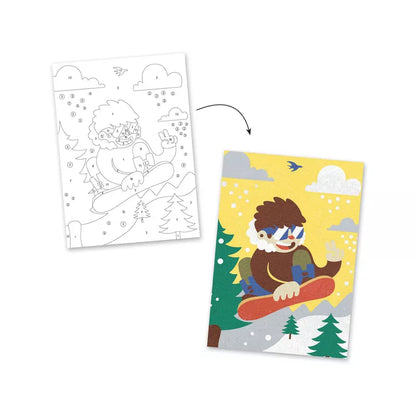 A picture of a boy on a Djeco Coloured Sands Boardsport Fun snowboard and a picture of a bear on Djeco Coloured Sands Boardsport Fun.