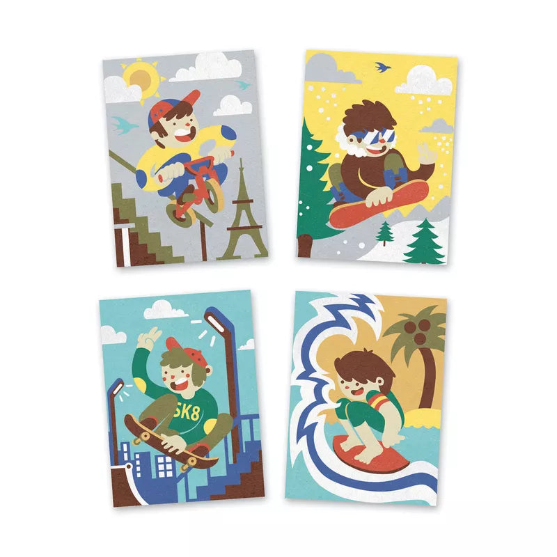 A set of four Djeco postcards featuring cartoon characters.