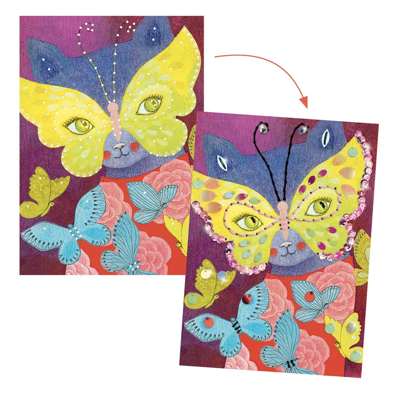 A picture of Djeco Stitching Cards Elegant Carnival butterfly and a picture of Djeco Stitching Cards Elegant Carnival butterfly.