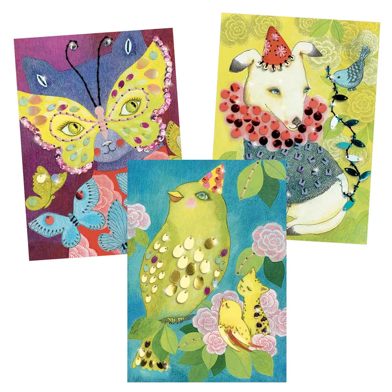 A pack of three Djeco Stitching Cards Elegant Carnival.