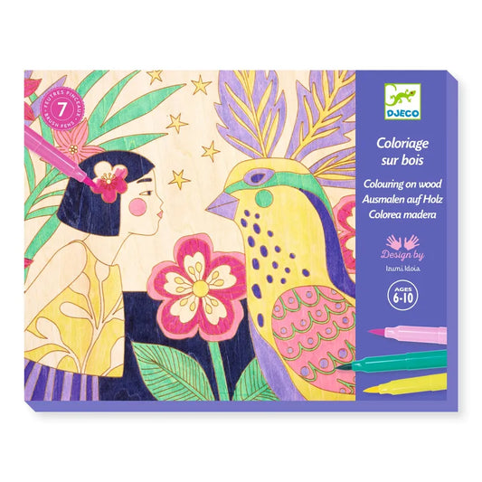 A Djeco Drawing & Colouring Sweet girls packaging featuring a laser-engraved illustration of a girl in a kimono looking at a colorful bird, designed by Naomi Ito, intended for ages.