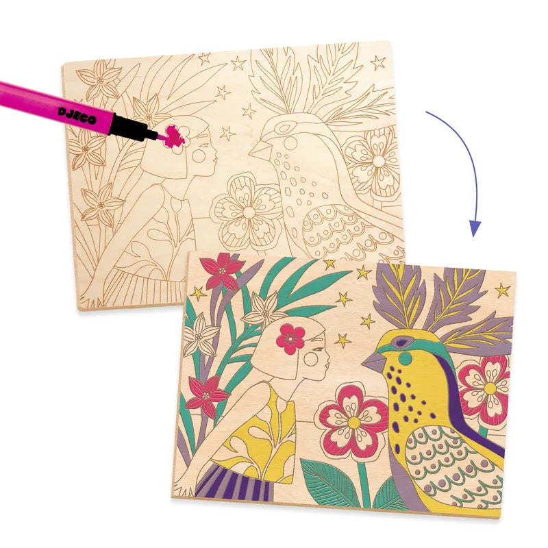 The Djeco Drawing & Colouring Sweet girls toy features two square panels, one featuring a laser-engraved illustration of a bird with flowers, and the other showing the same design colorfully painted. A paintbrush is applying