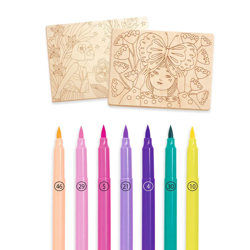 Two Djeco Drawing & Colouring Sweet girls postcards with laser-engraved illustrations of a girl and flowers, next to a row of six colorful brush markers, each labeled with a number.