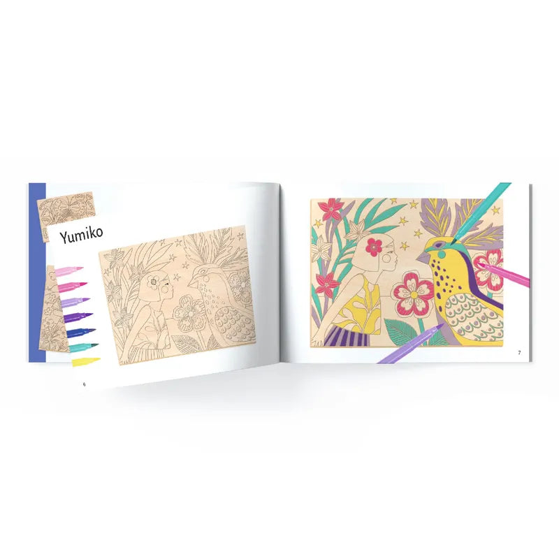 An open coloring book featuring a page with unfinished laser-engraved illustrations of a bird and flowers, and another page with a colored illustration of a similar scene. The book cover displays Djeco Drawing & Colouring Sweet girls.