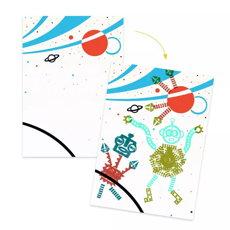 A set of Djeco Stamps Alien Robots with a space theme, perfect for combining with other stationery items or as collectible stamps.