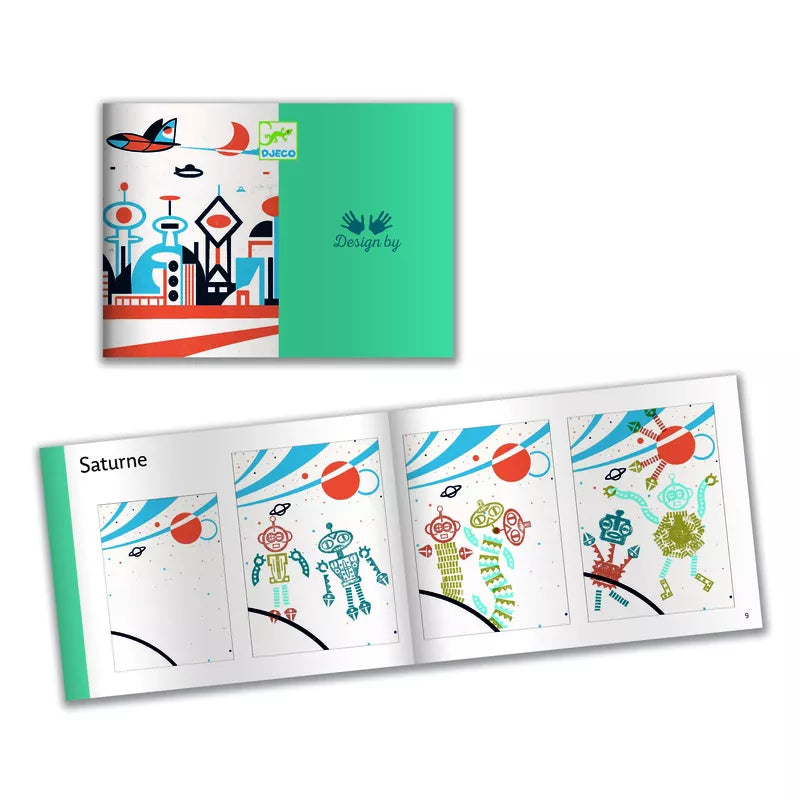 A Djeco Stamps Alien Robots featuring a playful robot exploring a vibrant city.