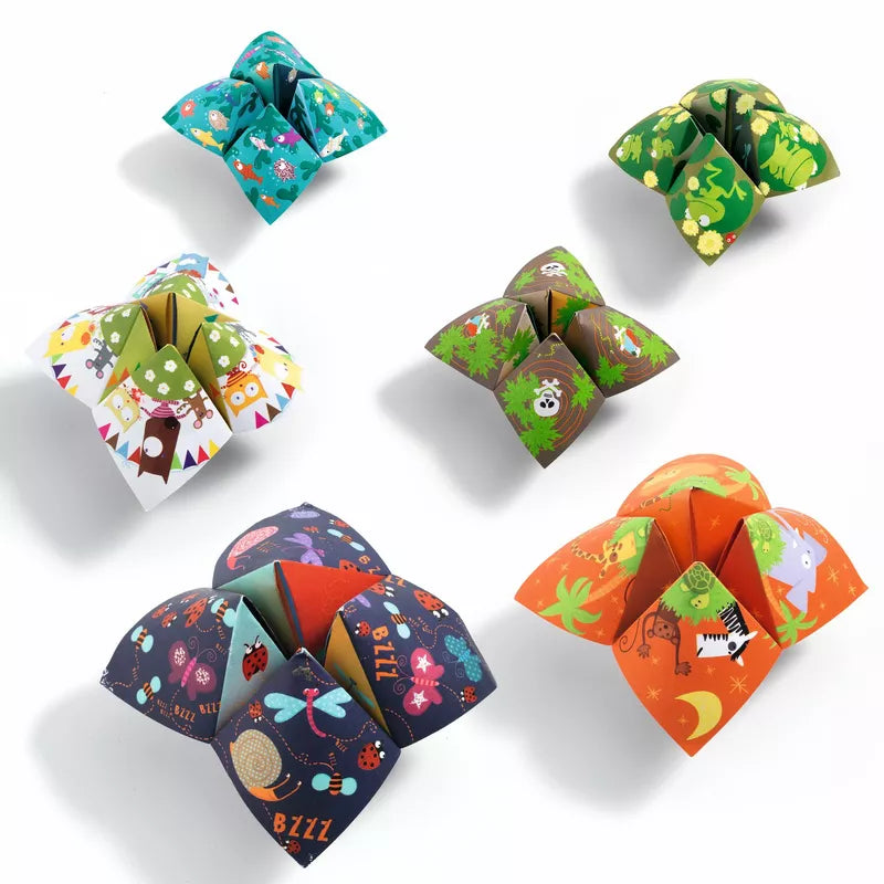 A playful set of colorful Djeco Origami Origami Bird game fortune tellers.