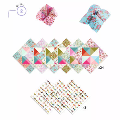 A set of fabric squares and a set of paper squares, perfect for creating Djeco Origami Fortune tellers.