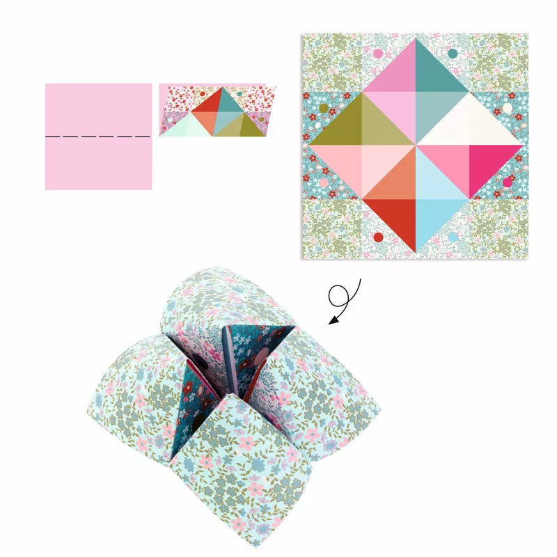 A quilt block and a fabric piece with Origami Fortune tellers featuring forfeit stickers.