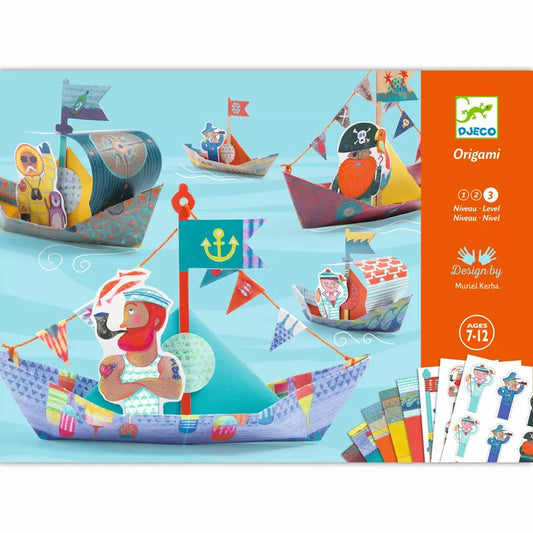 A picture of a Djeco Origami Floating Boats book with a picture of a Djeco Origami Floating Boats boat.