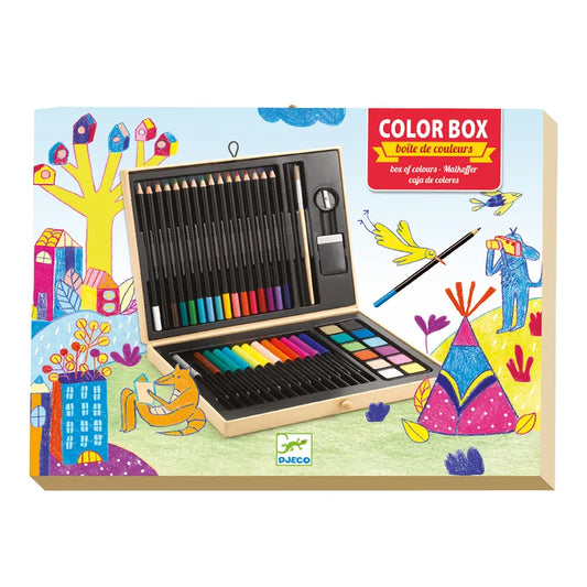 A colorful packaging of the Djeco Colours Sets- Colour Box is shown. The box, with its portable design, is open displaying various art supplies including colored pencils, markers, and paints. The background features whimsical illustrations of trees, houses, and birds—perfect for budding young artists.