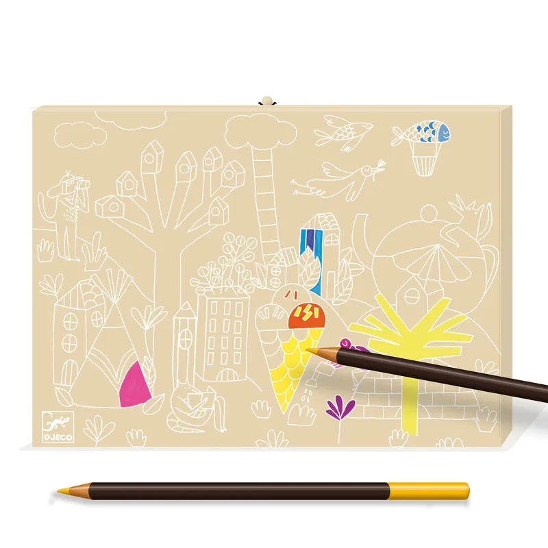 A Djeco Colours Sets- Colour Box coloring book page showcases outlined whimsical buildings, trees, and animals. Two colored pencils from the set, one black and one brown, rest on the page. Parts of the drawing are partially filled with vibrant hues like pink and yellow, making it an ideal choice for budding young artists with a creative touch.