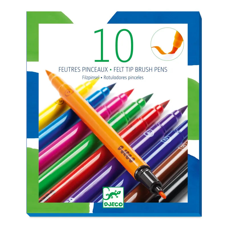 A pack of ten fine arts materials by Djeco is displayed, featuring double-ended felt brushes in vibrant colors like orange, purple, blue, and red. The packaging is bordered in blue and green, with an image of the colorful pens arranged inside.