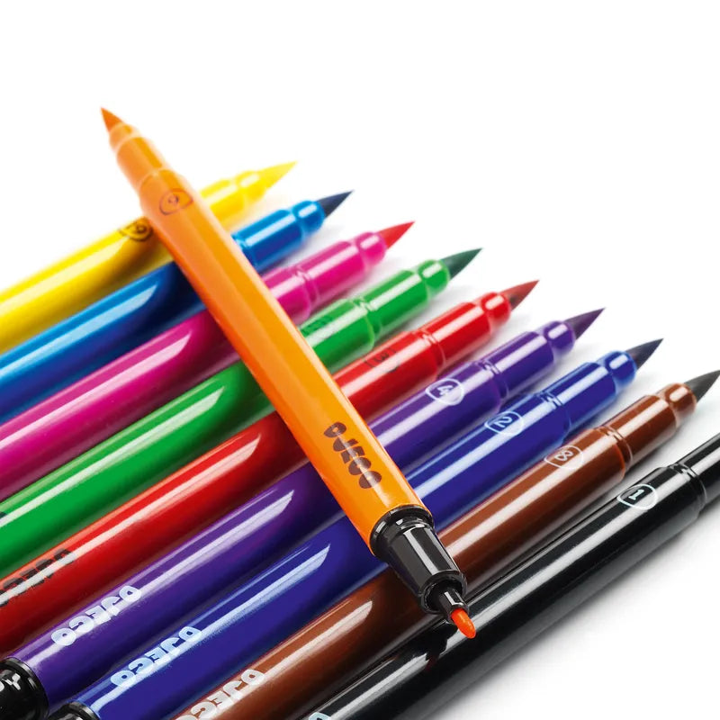 A set of vibrant Djeco Pens & Markers- 10 Felt Brushes - Classic is neatly arranged on a white background. These double-ended markers showcase an array of lively colors including orange, yellow, blue, green, purple, red, and black. Each marker features a fine tip and washable ink, making them perfect for fine arts projects.