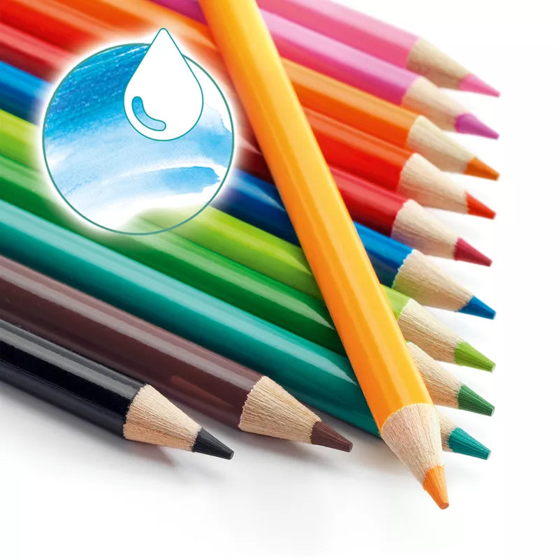 A blend of Djeco Pencils- 12 watercolour pencils creates vibrant colors on paper.