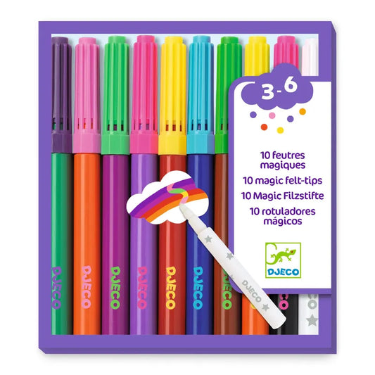 Photograph showing the Djeco Felt-Tips 10 Magic Felt Tips set, which includes vibrant-colored pens neatly arranged vertically inside a purple rectangular box. The label on the right side states that the set is suitable for children aged 3 to 6 and is ideal for coloring activities.