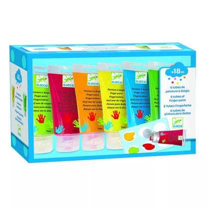 A box of Djeco Paint For Little Ones 6 Finger Paint's Tubes for little ones or budding artists.