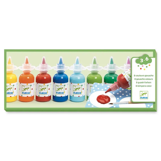 The "Djeco Paint For Little Ones 8 Bottles Of Poster Paint" boxed set includes eight vibrant gouache paint bottles in various colors, complete with a brush and a drop of red paint on a paper sheet in front. Recommended for ages 3-6 years, this perfect toy is labeled "Djeco.