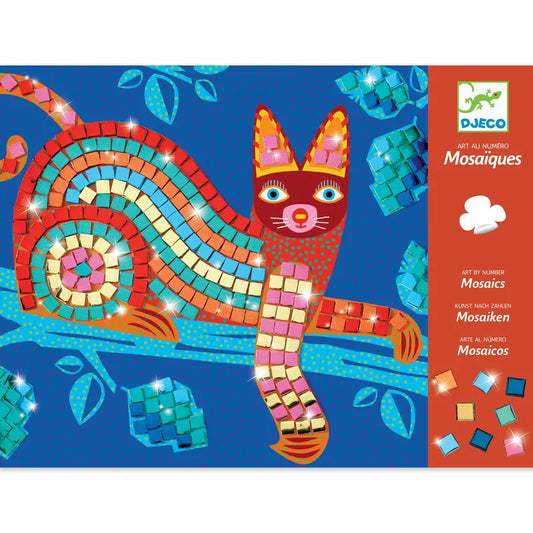 A Djeco Mosaics Oaxacan activity kit with mosaic pictures featuring a cat on a branch.