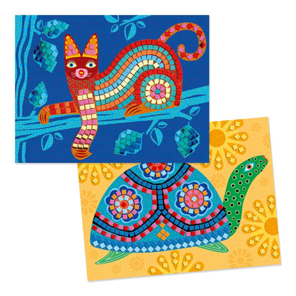 A collage activity featuring two pictures of a cat and a turtle, created using adhesive Djeco Mosaics Oaxacan on a blue background.